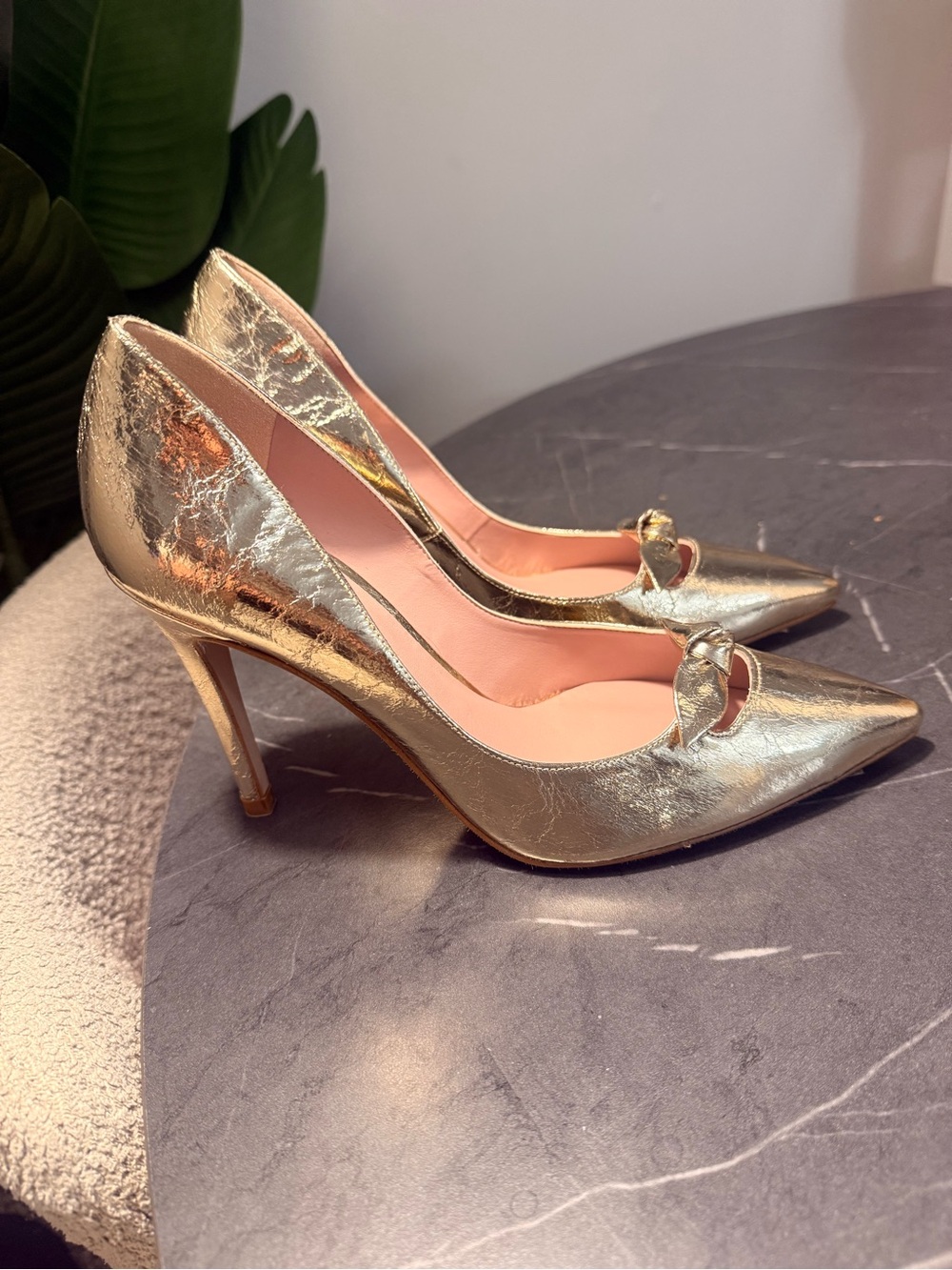 Ted Baker London Gold Metallic Pointed-Toe Knot Pumps